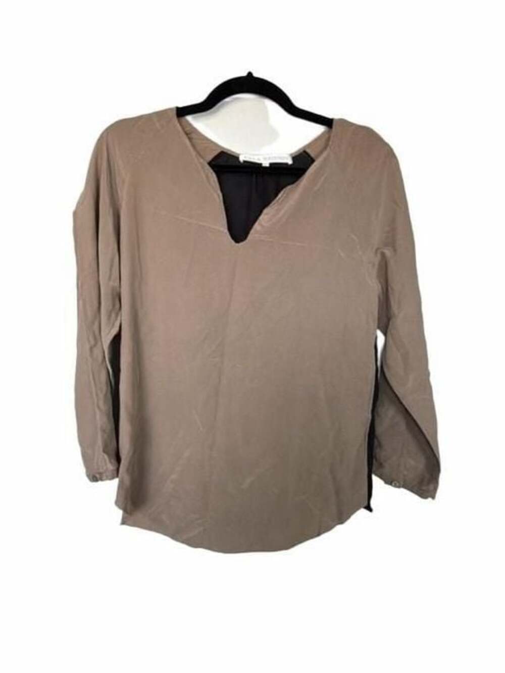 Ulla Johnson Taupe and Black V-Neck Silk Blouse with Button Cuffs_125